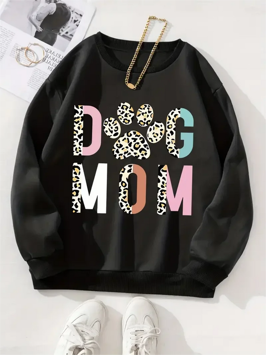 Dog Mom Print Casual Long-Sleeved Sweatshirt